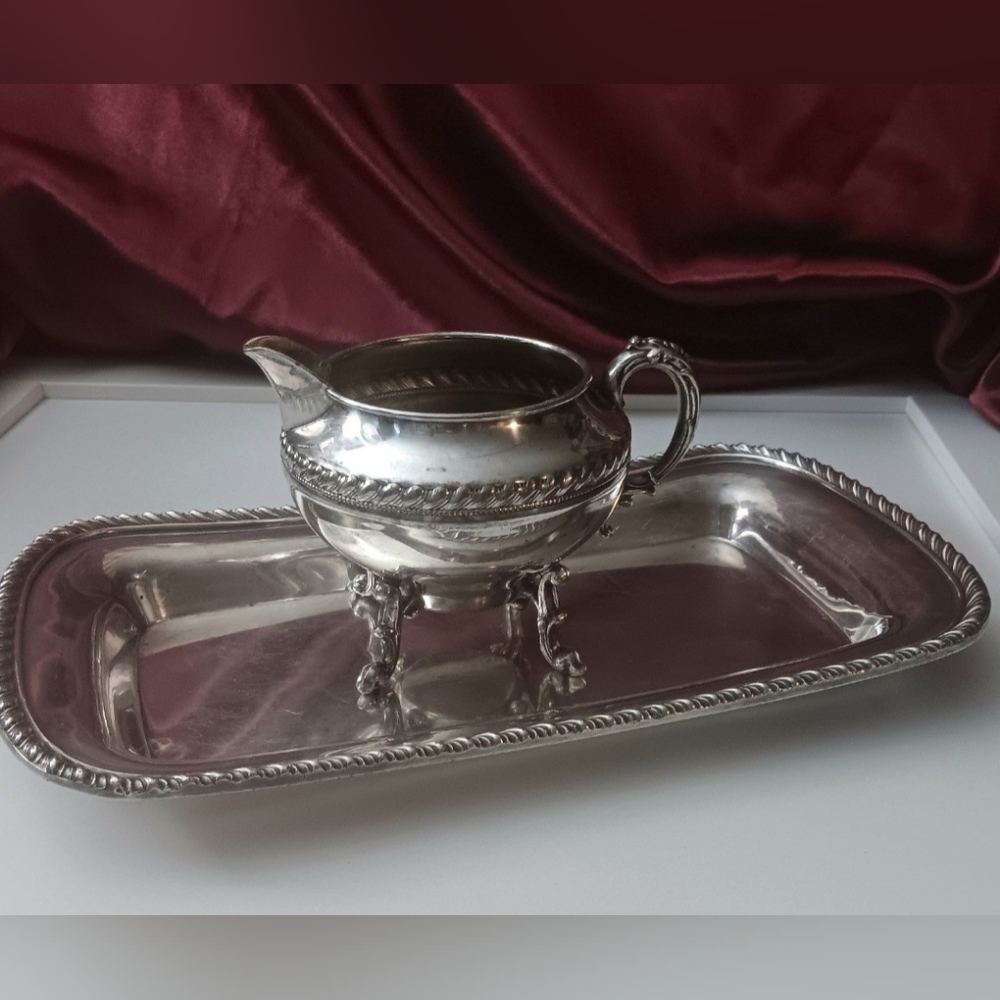 Stamped Vintage Poole Silver Co. Serving Bread Tray & Silver Plated Creamer